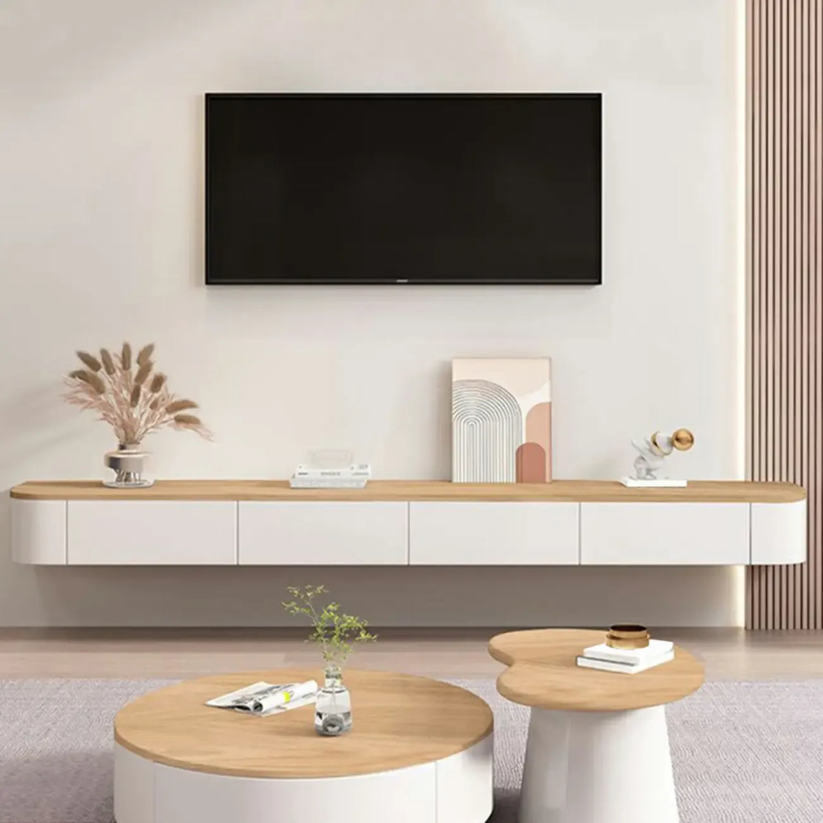 Moderní dlouhý bílý závěsný televizní stolek ze dřeva se zásuvkami