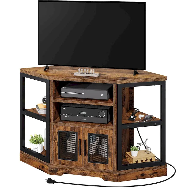 Eck-TV-Ständer im Landhausstil, Entertainment-Center und Medienkonsole für Fernseher bis 55 Zoll mit Steckdose