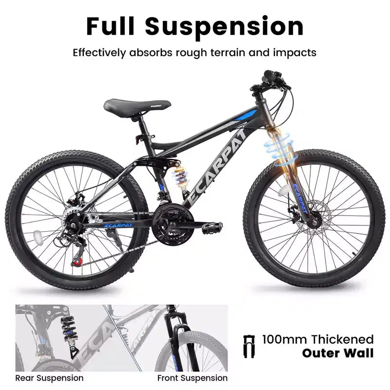 Okak Mountainbike 27,5 Zoll mit vorderen und hinteren Doppelstoßdämpfern, Dirtbike mit 21 Gängen und mechanischen Scheibenbremsen, Erwachsenenfahrrad für Männer und Frauen