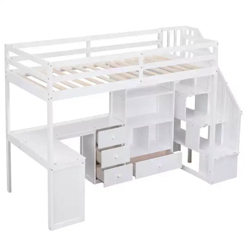 Cama alta de tamanho Twin com secretária em L, 3 gavetas, armário, arrumação nas escadas e estrutura em pinho maciço/MDF