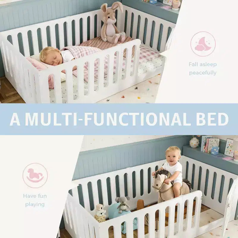 Weißes Montessori-Bodenbett in Twin-Größe mit Gitterstäben und Tür â€?Massivholz, 1 Kind