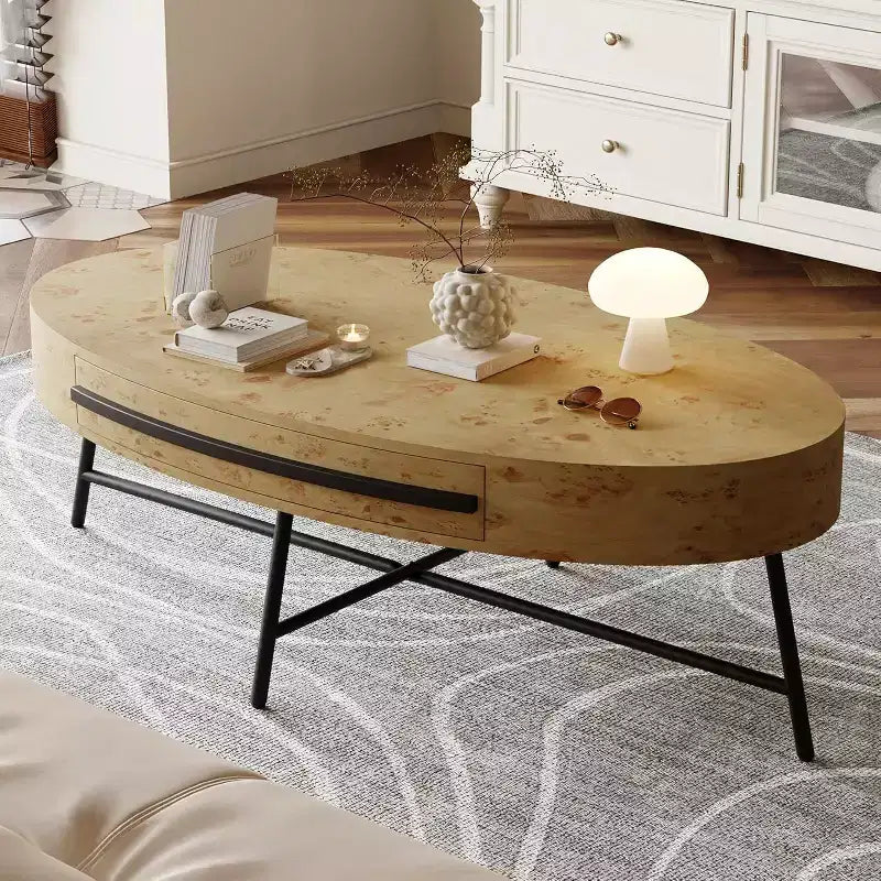 Stolik kawowy owalny Acekool z szufladą, drewniany stolik z miejscem do przechowywania 47,2" ze skrzyżowanymi metalowymi nogami, stolik centralny w stylu mid-century modern w kolorze naturalnym i złotego wierzbowca