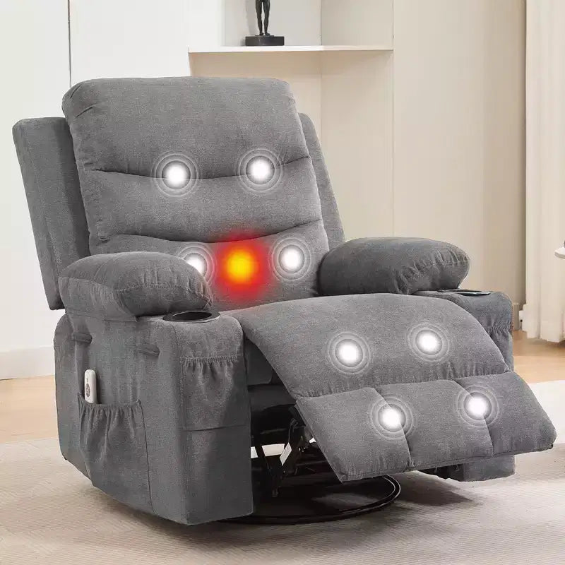 Obrotowy fotel bujany z funkcją masażu i podgrzewaniem, fotel typu glider 360° z uchwytami na kubki i bocznymi kieszeniami, ergonomiczna sofa wypoczynkowa do salonu, kampera, pokoju dziecięcego