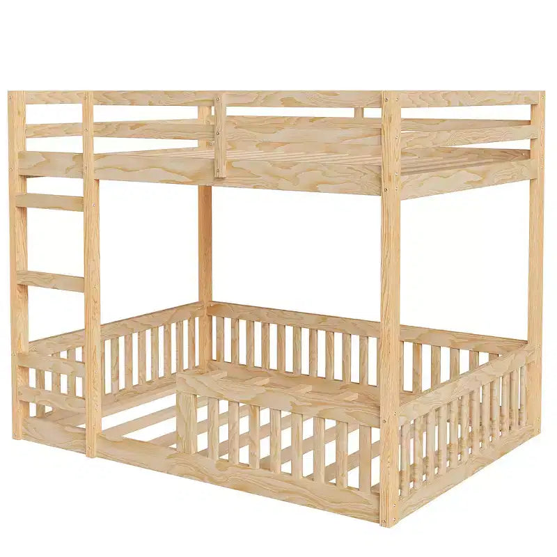 Letto a castello in legno matrimoniale sopra matrimoniale con scala e sponde di sicurezza, letto a castello matrimoniale basso con rete a doghe