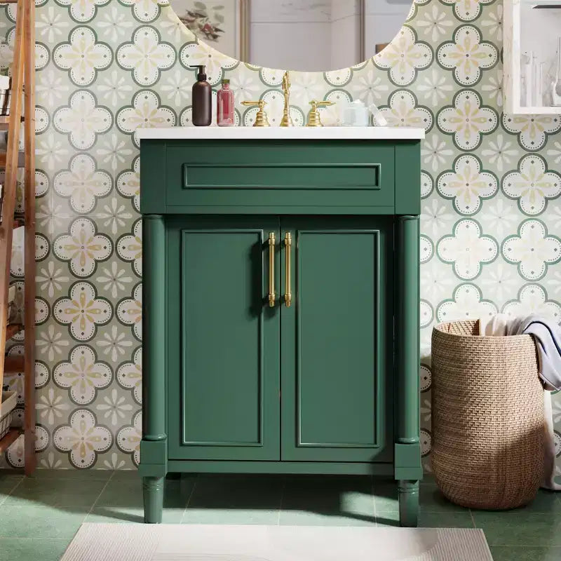 Badkamermeubel van 24 inch met keramische wastafel, Shaker-kast, 2 softclose-deuren en massief houten frame voor een kleine badkamer of toiletruimte