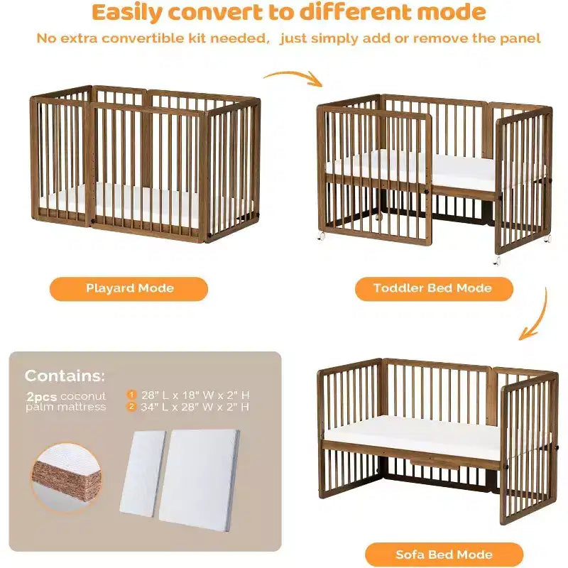 JOYMOR 8-in-1-meegroeibedje, inclusief 2 matrassen, om te bouwen tot wieg, halfhoog bedje, full-size ledikant, ligbed, peuterbed en speelbox