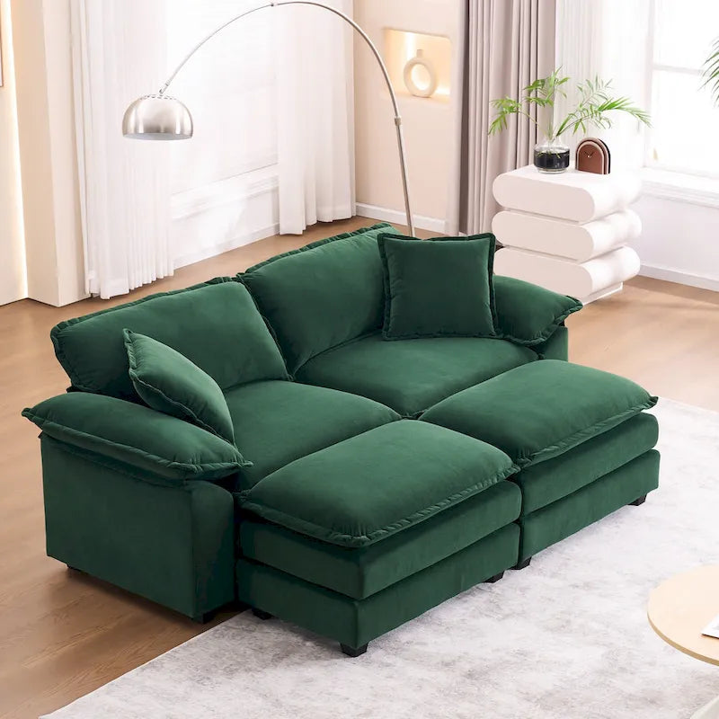 Zweisitzer-Sofa mit 2 Sitzkissen, 2 Kissen und 2 Hockern, bequemes Sofa – tiefes Wohnzimmer-Sofa, modulares Sofa