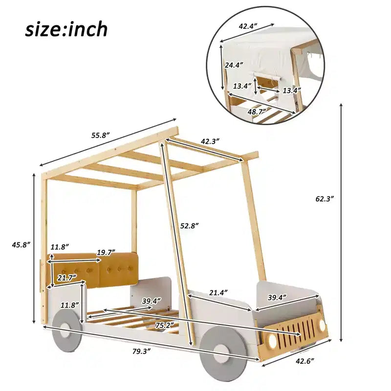 Whisen-Holzbett in Autoform mit Kissen, Deckenstoff und LED – Natur