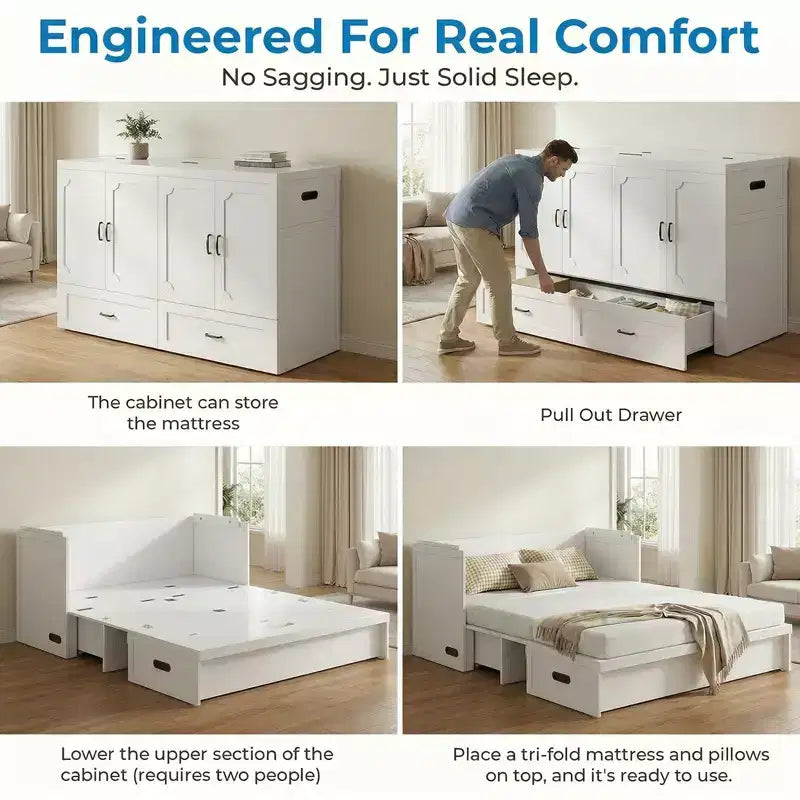 Mjkone umwandelbares Murphy-Schrankbett in Queen-Size mit Matratze, USB-Ladefunktion und Aufbewahrungsschubladen