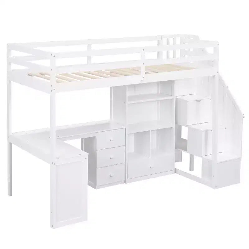 Cama alta de tamanho Twin com secretária em L, 3 gavetas, armário, arrumação nas escadas e estrutura em pinho maciço/MDF
