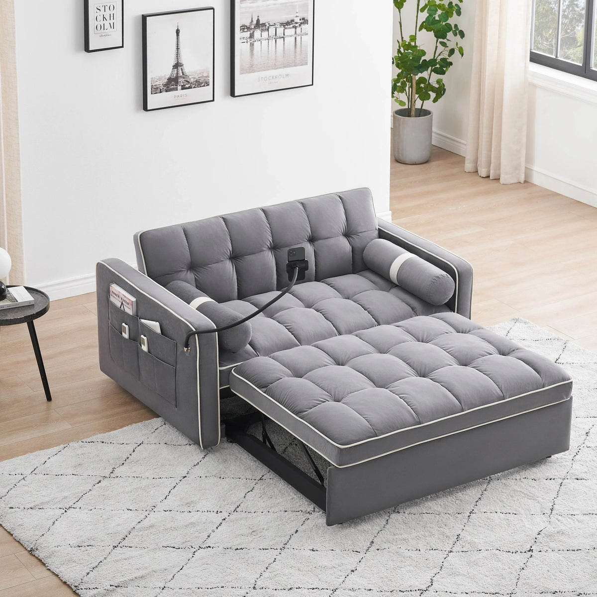 Aksamitna rozkładana sofa dwuosobowa 55'' z funkcją spania, regulowanym oparciem, kieszeniami bocznymi i uchwytem na telefon