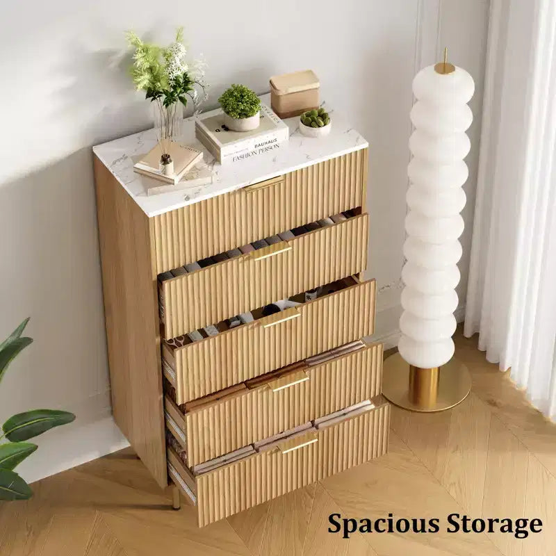 White / Marble & Wood 5-Drawer Dresser ¨C Fluted Panel, for 1 Person Use