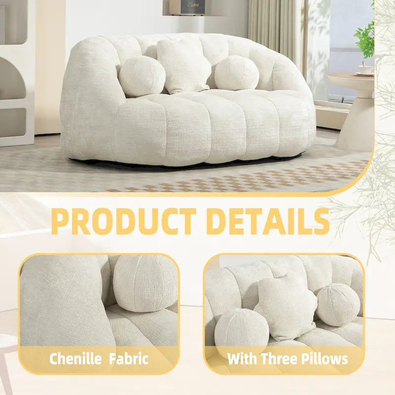 Fauteuil lounge blanc de 63,78 po, revêtu de chenille avec mousse haute densité
