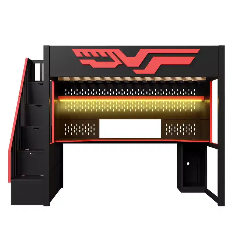 Łóżko na antresoli typu full z biurkiem i oświetleniem LED, drewniane łóżko na antresoli w rozmiarze full ze schodami, miejscem do przechowywania i portem USB, czerwono-czarne