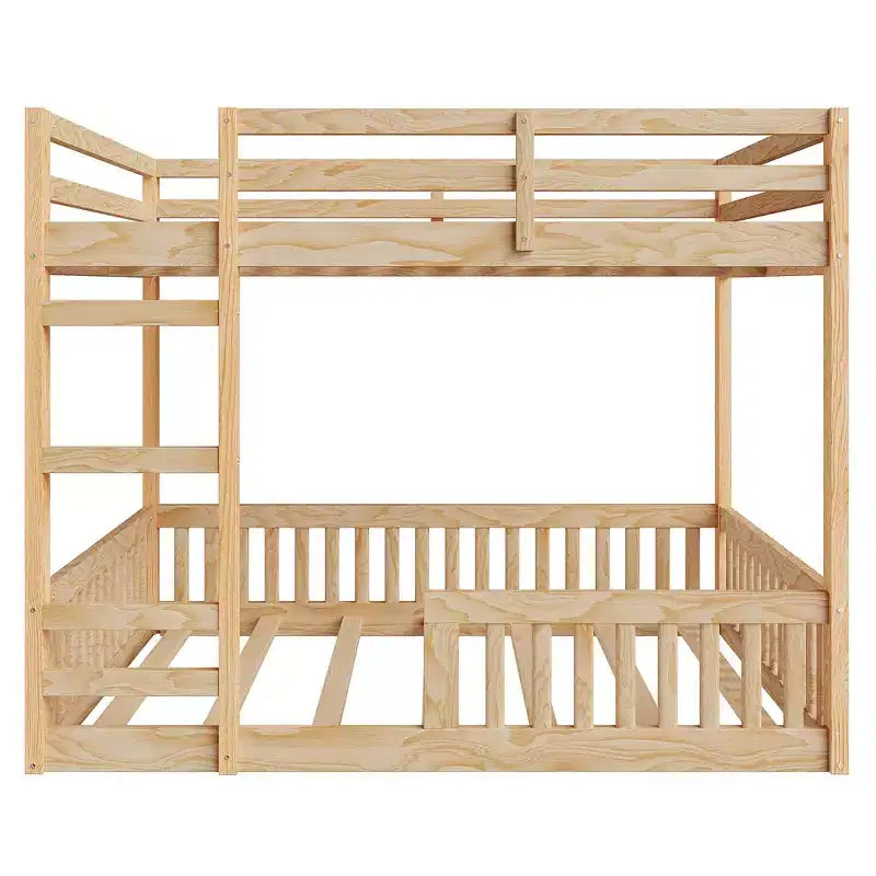 Letto a castello in legno matrimoniale sopra matrimoniale con scala e sponde di sicurezza, letto a castello matrimoniale basso con rete a doghe