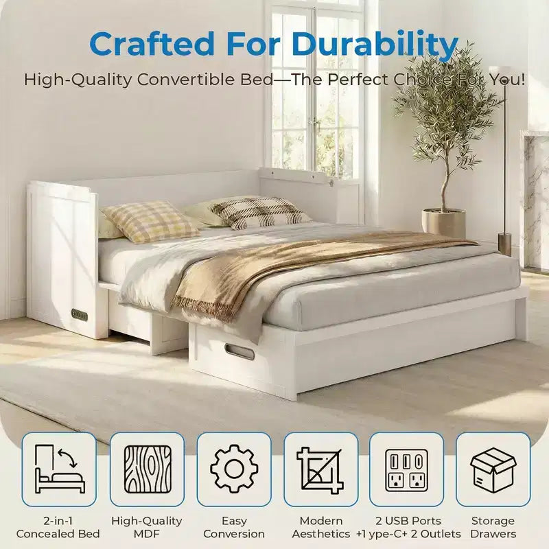 Mjkone umwandelbares Murphy-Schrankbett in Queen-Size mit Matratze, USB-Ladefunktion und Aufbewahrungsschubladen