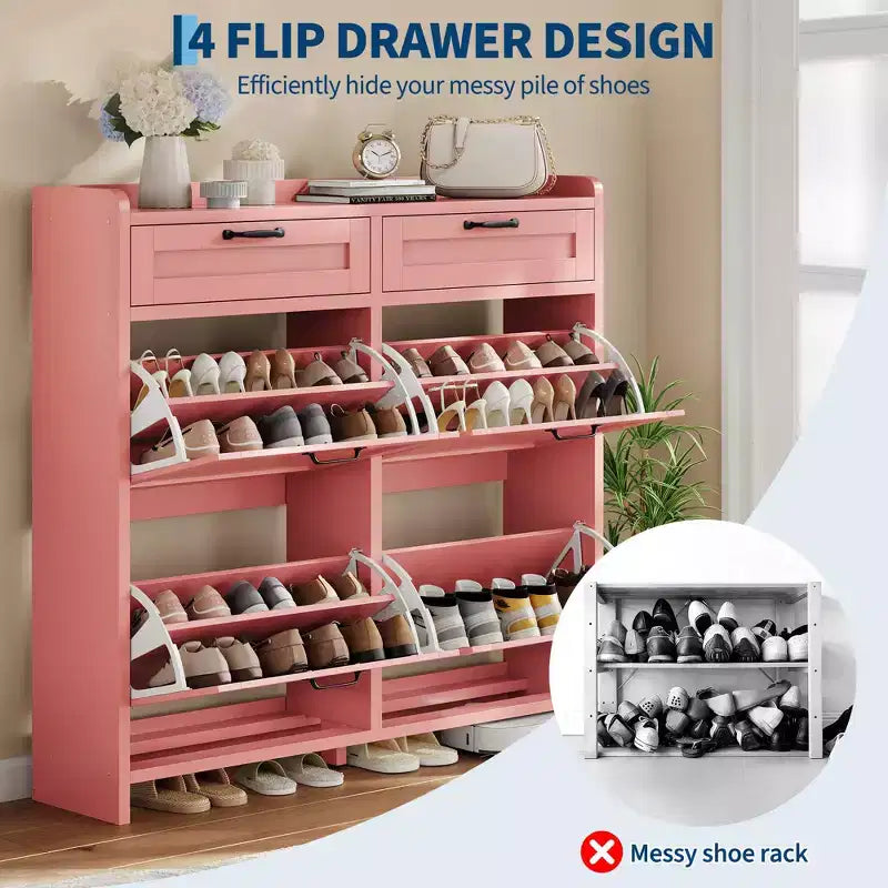 Schuhschrank mit 4 Klappschubladen und 2 oberen Schubladen, hölzerner Schuhorganizer-Schrank mit verstellbarem Regal, freistehende Schuhaufbewahrungsschränke