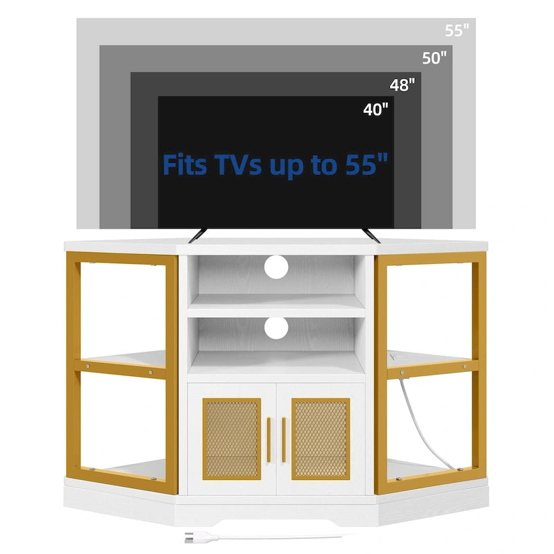 Eck-TV-Ständer im Landhausstil, Entertainment-Center und Medienkonsole für Fernseher bis 55 Zoll mit Steckdose