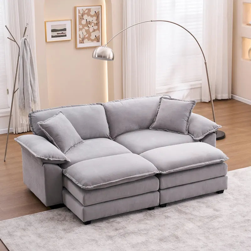 Zweisitzer-Sofa mit 2 Sitzkissen, 2 Kissen und 2 Hockern, bequemes Sofa – tiefes Wohnzimmer-Sofa, modulares Sofa