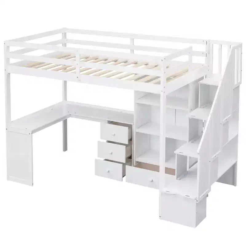 Cama alta de tamanho Twin com secretária em L, 3 gavetas, armário, arrumação nas escadas e estrutura em pinho maciço/MDF
