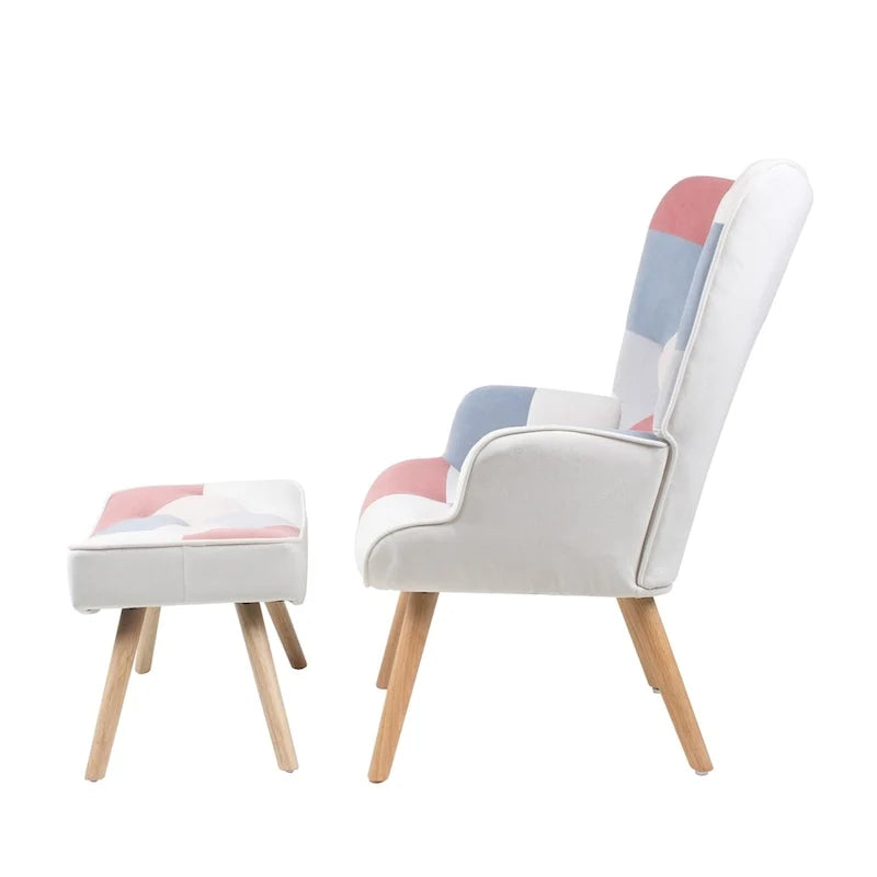 Poltrona d'accento con pouf, set di poltrona e pouf per il soggiorno, comoda poltroncina con braccioli per la camera da letto, rivestimento in tessuto a拼接 creativo