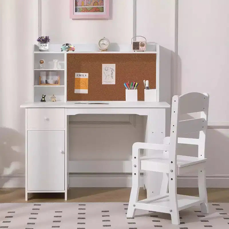 Kinderbureau met stoel voor jongens en meisjes, houten schrijftafel met boekenkast, prikbord, kast en lade voor kinderen van 3-8 jaar