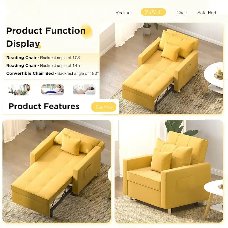 Poltrona letto regolabile, trasformabile 3-in-1, disponibile in più colori, per 1 persona