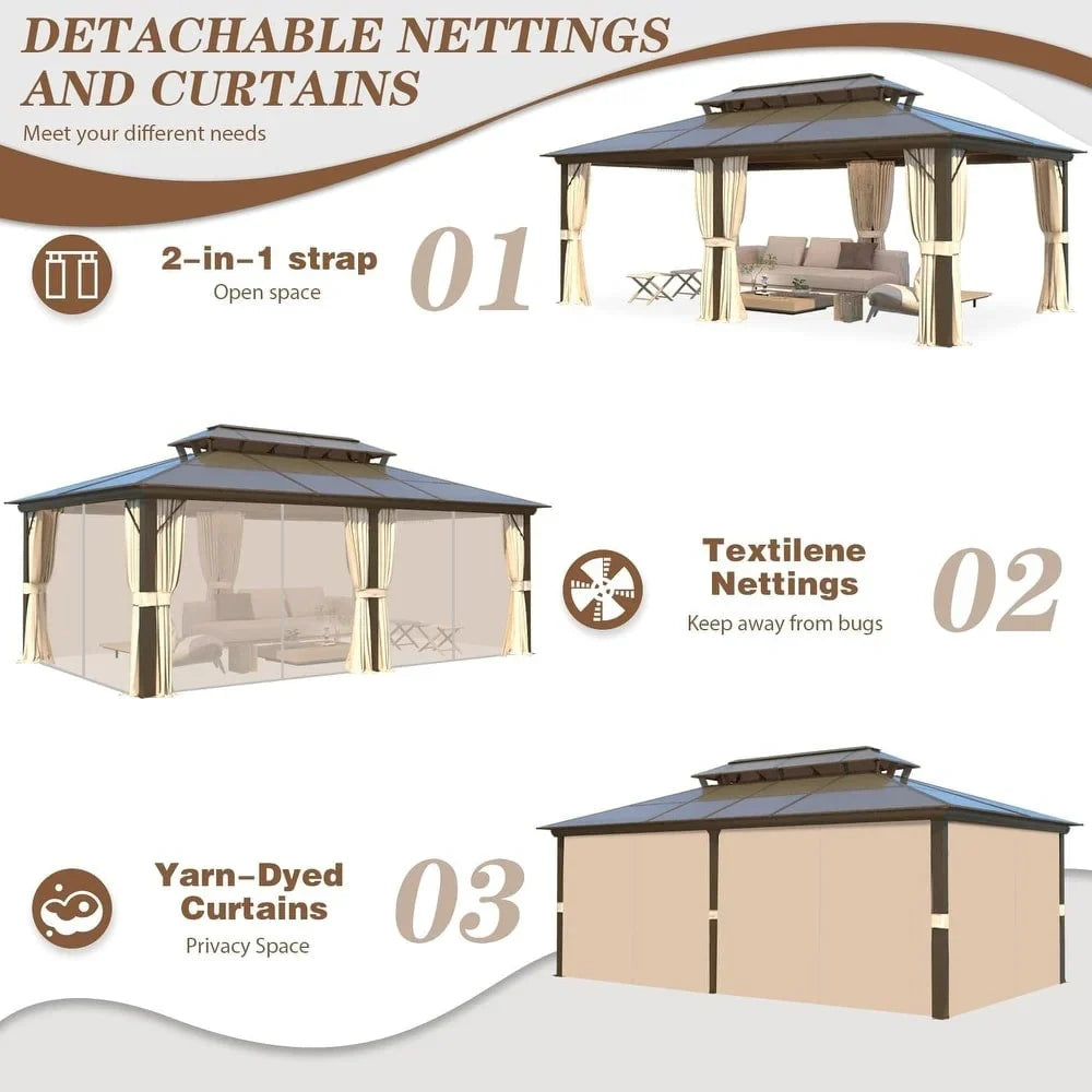 EROMMY prieel met hard dak, pergola voor buiten met dubbel dak, netten en gordijnen, robuuste overkapping voor terras, achtertuin en zwembadfeestjes