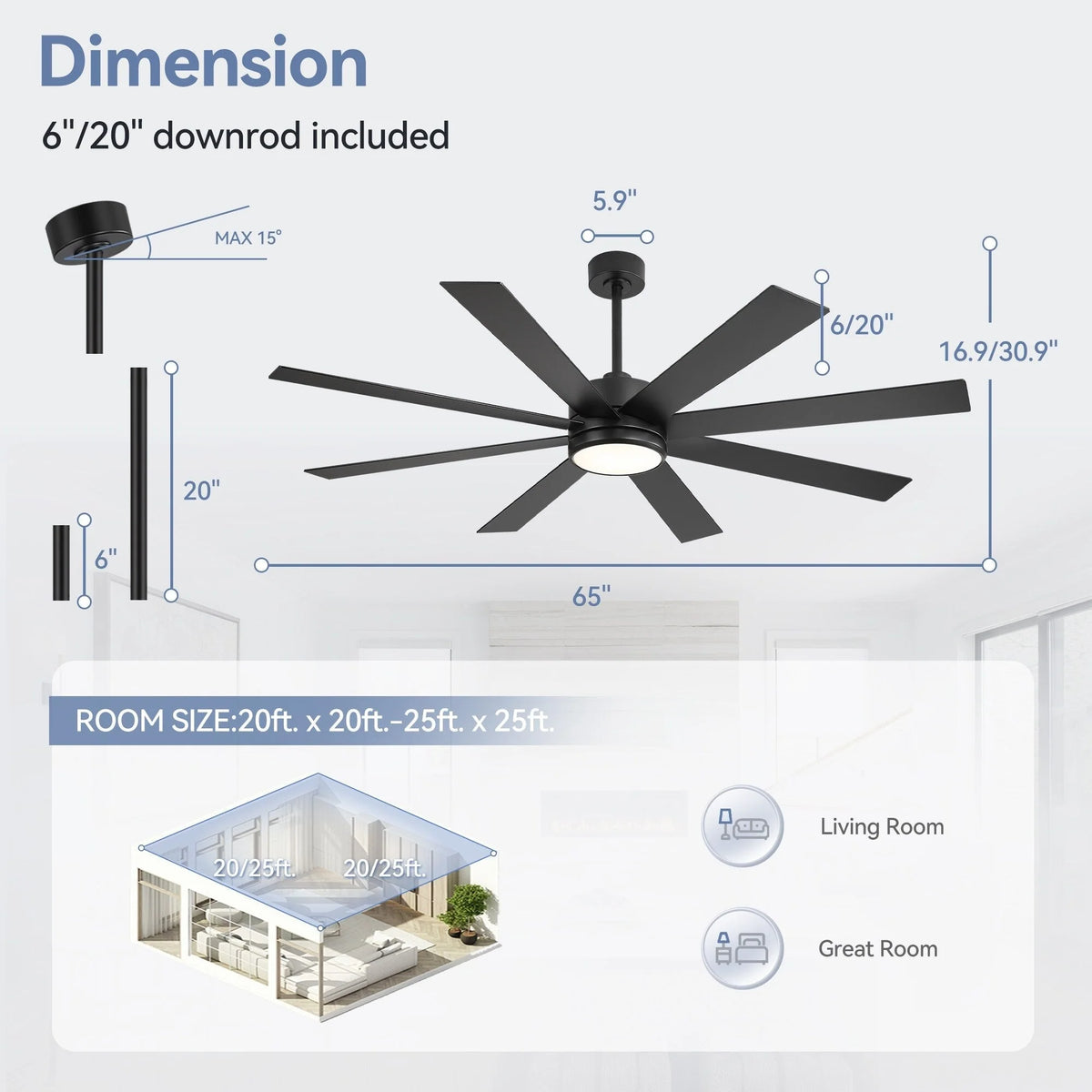 Ventilateur de plafond noir de 65 po à 8 pales avec lumière et télécommande