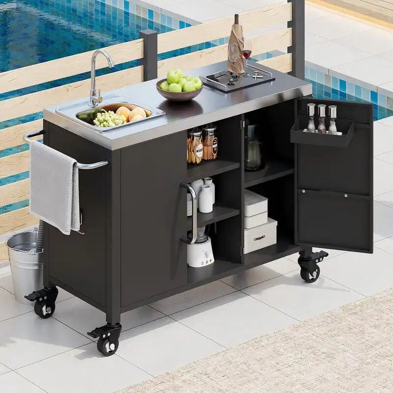 Isola da cucina da esterno con lavello, carrello bar da esterno con stazione lavello e 4 ruote bloccabili