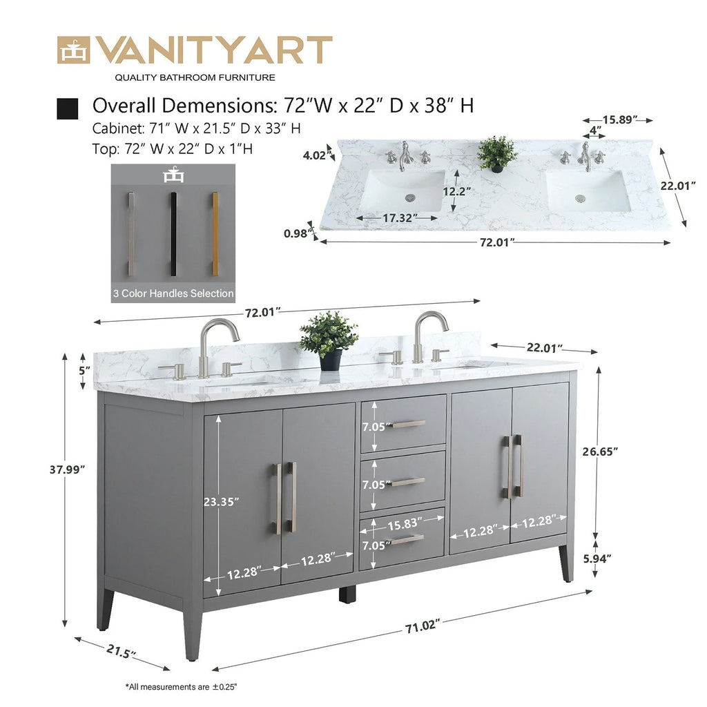 Vanity Art 72 Badezimmer-Waschtischunterschrank mit Doppelwaschbecken und Oberfläche aus Kunstmarmor