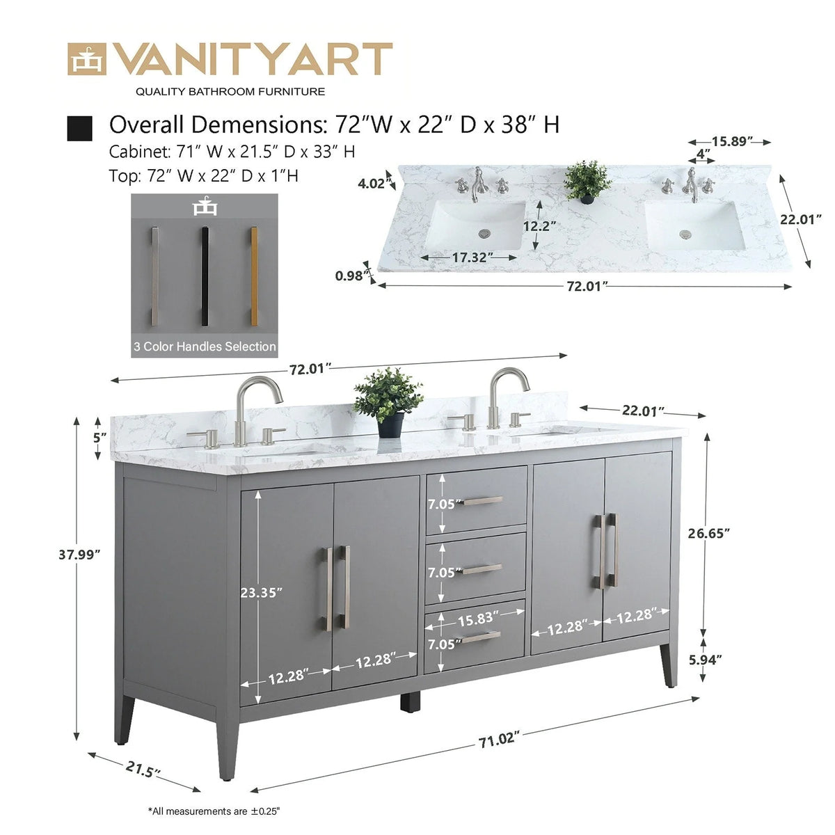 Vanity Art 72 Badezimmer-Waschtischunterschrank mit Doppelwaschbecken und Oberfläche aus Kunstmarmor