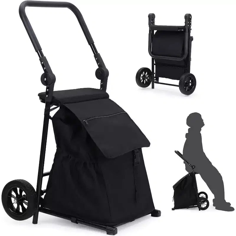 Carrello portapacchi pieghevole 2-in-1 Acekool con borsa impermeabile rimovibile, cuscino del sedile spesso e maniglia regolabile antiscivolo, nero
