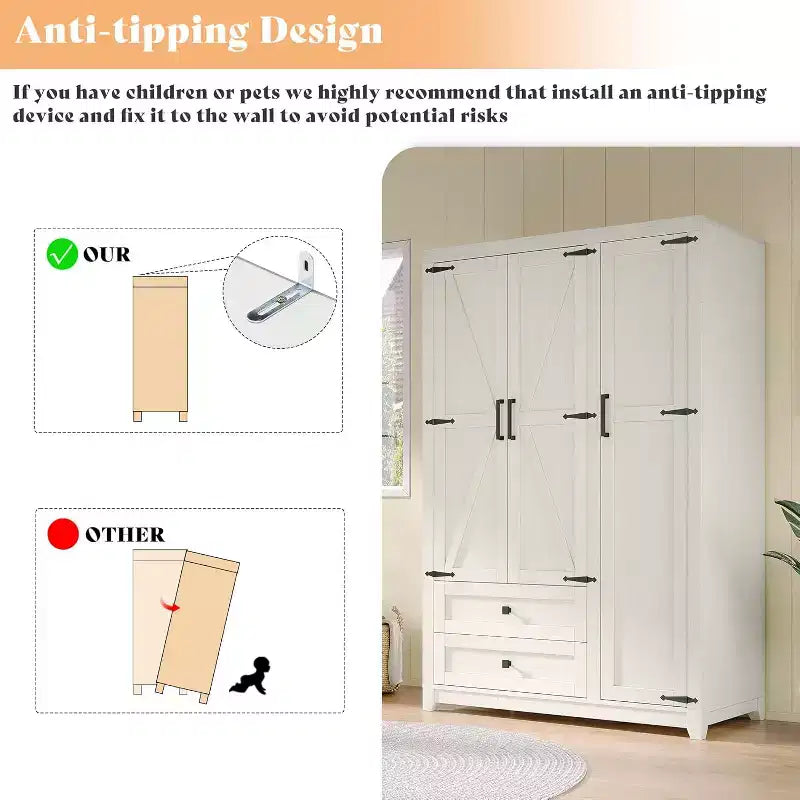 Armário de roupa estilo quinta AMERLIFE de 47 com 3 portas, 2 gavetas, varão para cabides e prateleiras ajustáveis, organizador de roupeiro independente