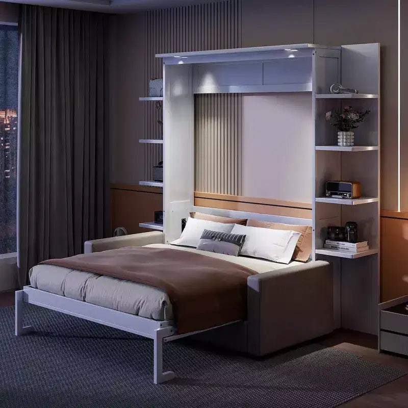 Letto a scomparsa matrimoniale Whisen dal design moderno con struttura in legno, divano e ripiani