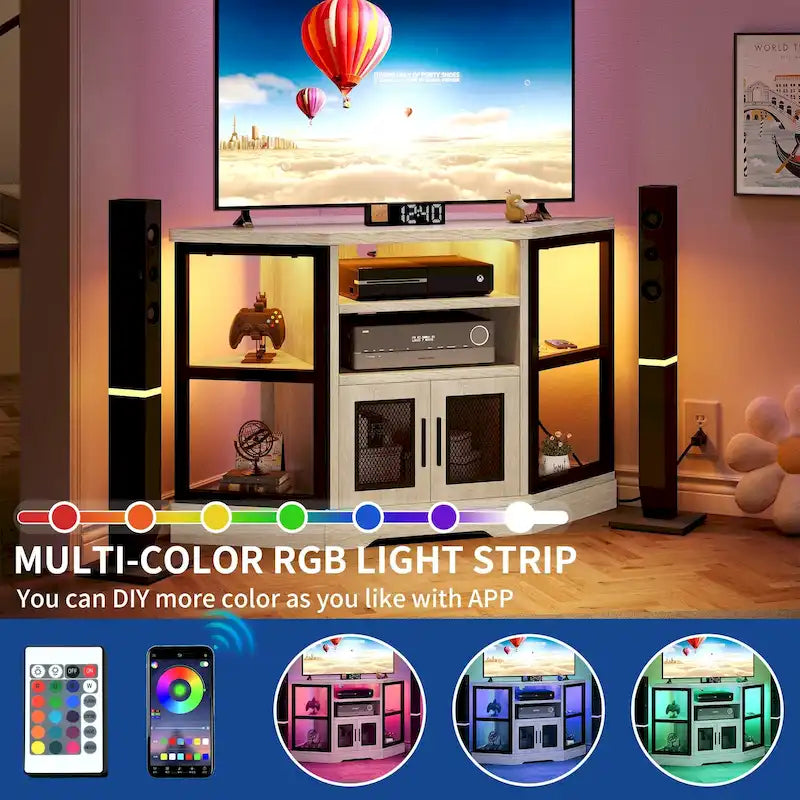Eck-TV-Ständer im Landhausstil, Entertainment-Center und Medienkonsole für Fernseher bis 55 Zoll mit Steckdose