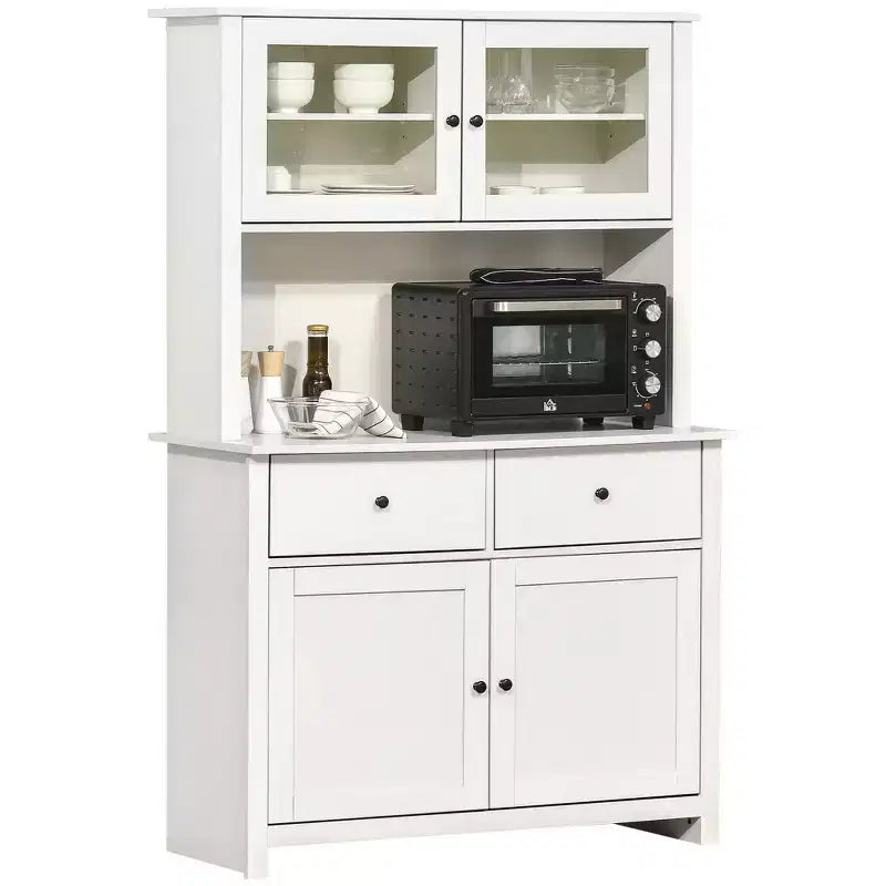 HOMCOM keukenbuffet van 63,5 inch met opzetkast, voorraadkast met 4 planken, laden, glazen deuren met frame en open werkblad voor magnetron