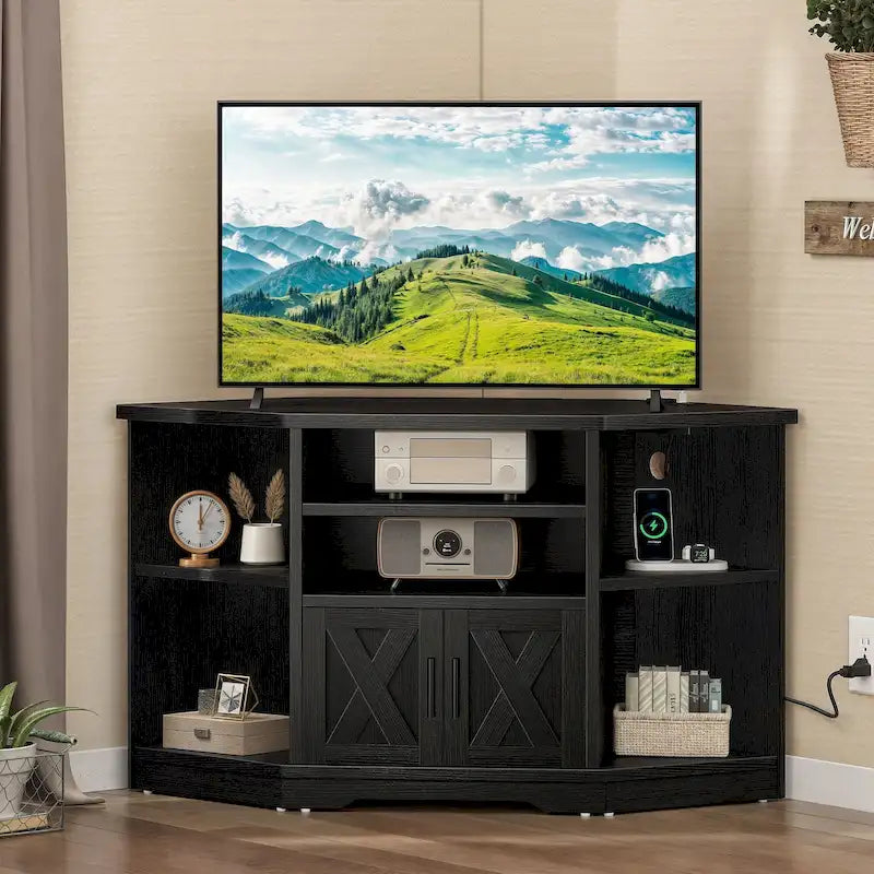 Eck-TV-Ständer im Landhausstil, Entertainment-Center und Medienkonsole für Fernseher bis 55 Zoll mit Steckdose