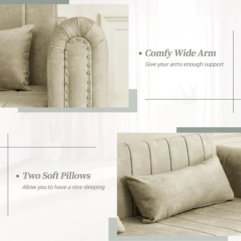 Aksamitna tapicerowana nowoczesna sofa wypoczynkowa z funkcją spania, rozkładana, z podłokietnikami w kształcie wałków i ozdobiona miedzianymi ćwiekami