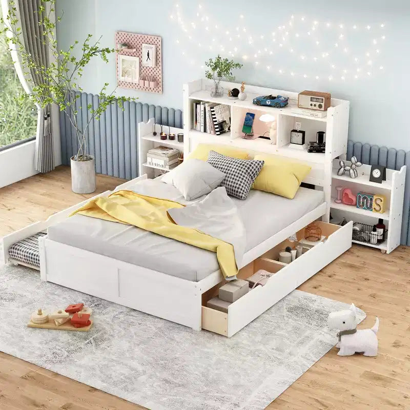 Stauraum-Polsterbett in Full-Größe mit Ausziehbett, Bücherregal-Kopfteil und Ladestation, hölzerner Full-Bettrahmen mit Regalen und Schubladen