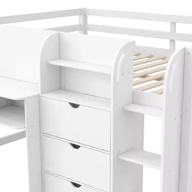 Rosa-weißes Low-Loft-Bett mit Schreibtisch, Stauraum und Whiteboard - Einzelbett, 1 Person