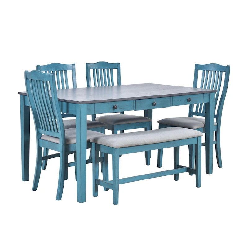 6-Piece Wooden Dining Table Set with 4 Chairs & Bench, Table with Drawer