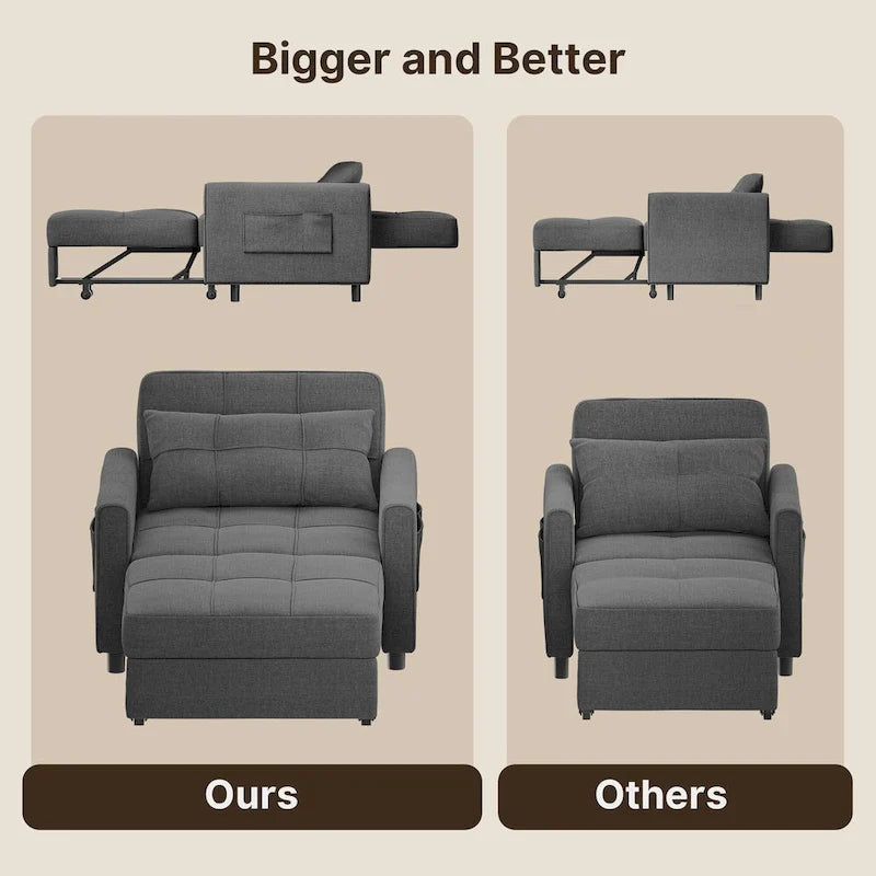 Sofá-cama 3 em 1 com cadeira-cama extraível, sofá-cama convertível, ajustável e dobrável, estofado