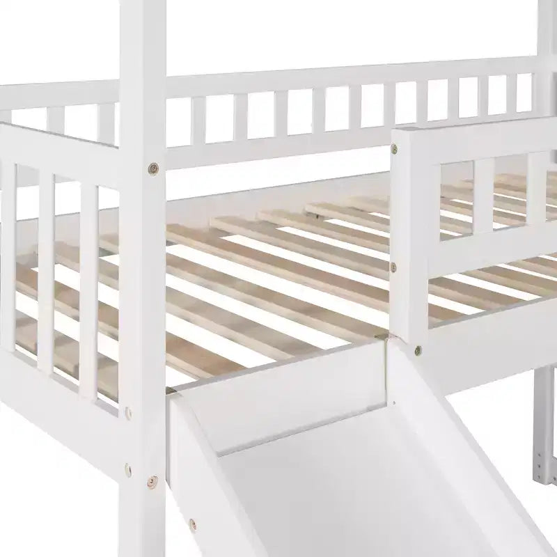 Hochbett in Hausform für zwei Personen mit Rutsche und Treppe, Hochbett mit Stauraumschubladen, Holzhütten-Hochbett für Kinder und Kleinkinder