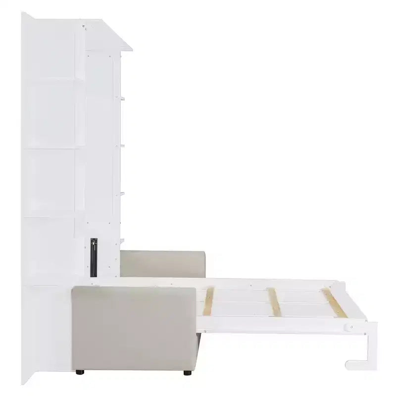 Letto a scomparsa matrimoniale Whisen dal design moderno con struttura in legno, divano e ripiani