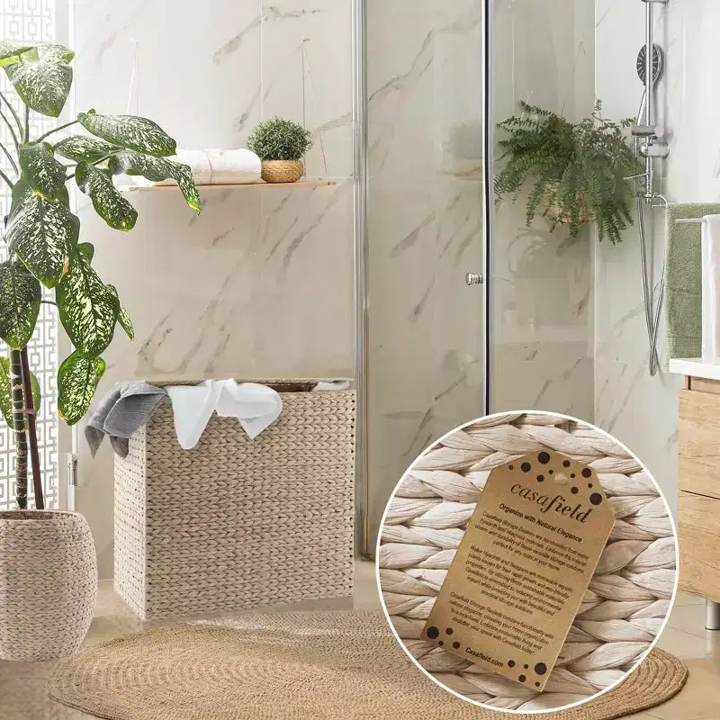 Casafield Wäschekorb mit Deckel und herausnehmbaren Futterbeuteln mit 2 Fächern, geflochtener Wäschekorb aus Wasserhyazinthe zum Sortieren von Kleidung