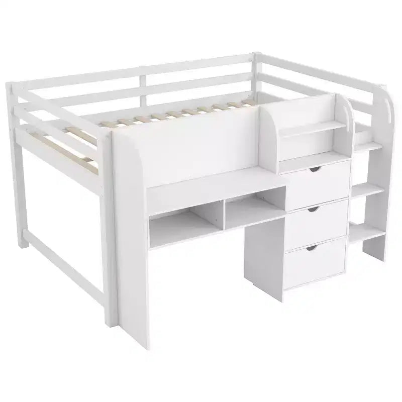 Rosa-weißes Low-Loft-Bett mit Schreibtisch, Stauraum und Whiteboard - Einzelbett, 1 Person