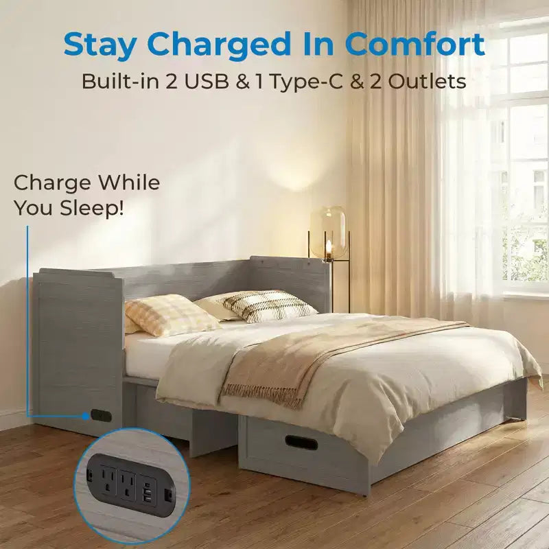 Mjkone umwandelbares Murphy-Schrankbett in Queen-Size mit Matratze, USB-Ladefunktion und Aufbewahrungsschubladen