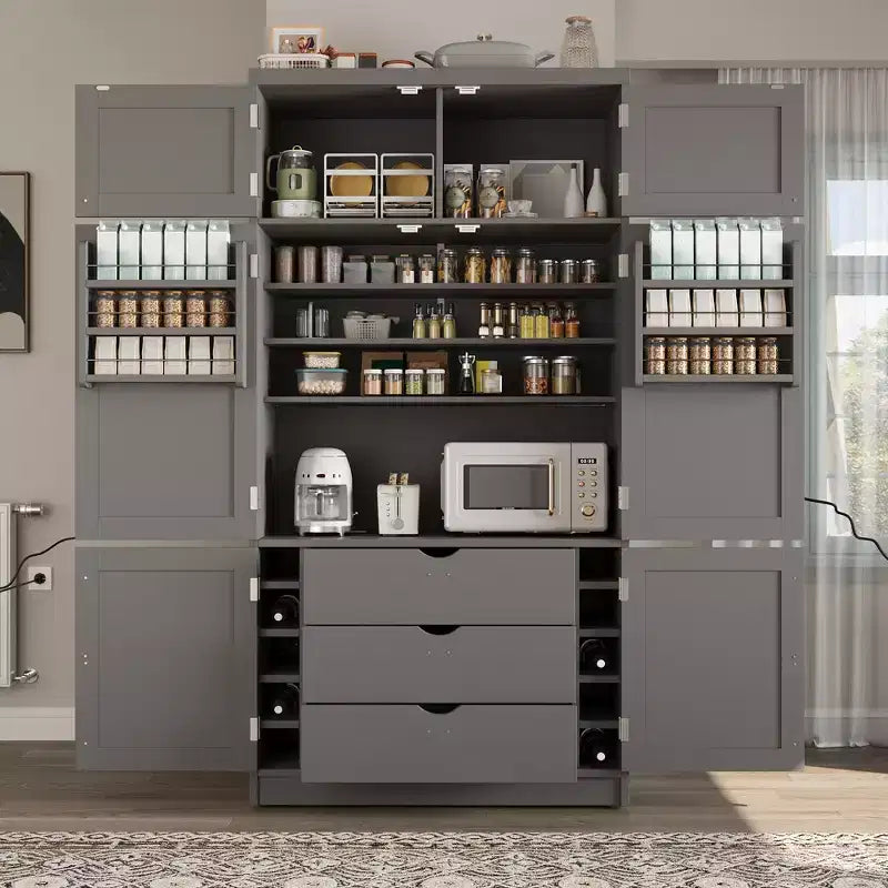Armoire garde-manger haute pour cuisine avec prises électriques, grand placard autoportant avec support pour micro-ondes, tiroirs, étagères, porte-bouteilles et étagères intégrées à la porte