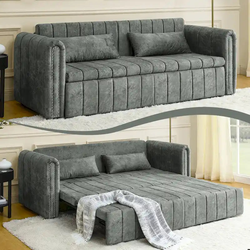 Aksamitna tapicerowana nowoczesna sofa wypoczynkowa z funkcją spania, rozkładana, z podłokietnikami w kształcie wałków i ozdobiona miedzianymi ćwiekami